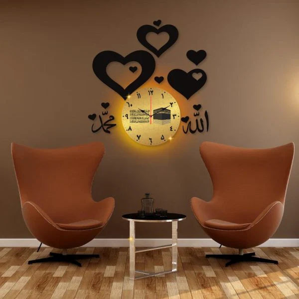 Allah Muhammad with Hearts Dial Islamic Calligraphy Wall Clock WC_PDCC18